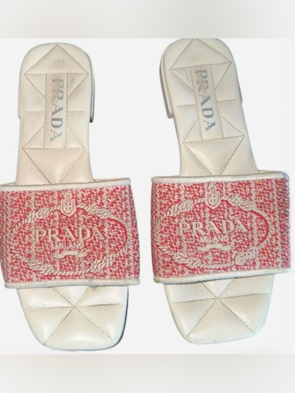 Prada White & Pink Embroidered Logo Slide Sandals